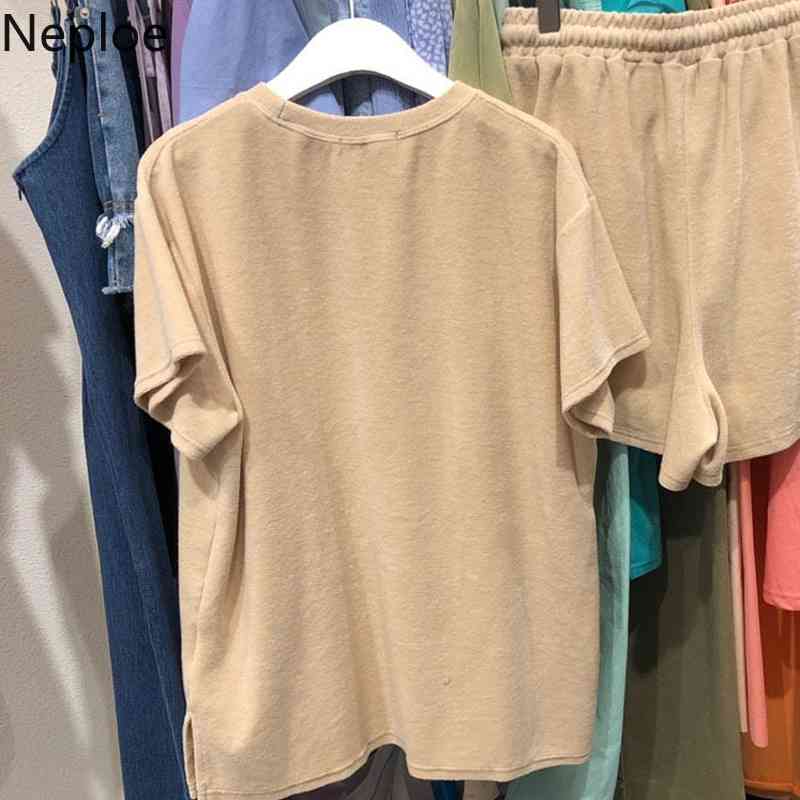 Neploe Women Sets Summer Tracksuit O Neck Short-sleeved T-shirt + Elastic Waist Casual Shorts Loose Two-piece Suit Female 4l238 210422
