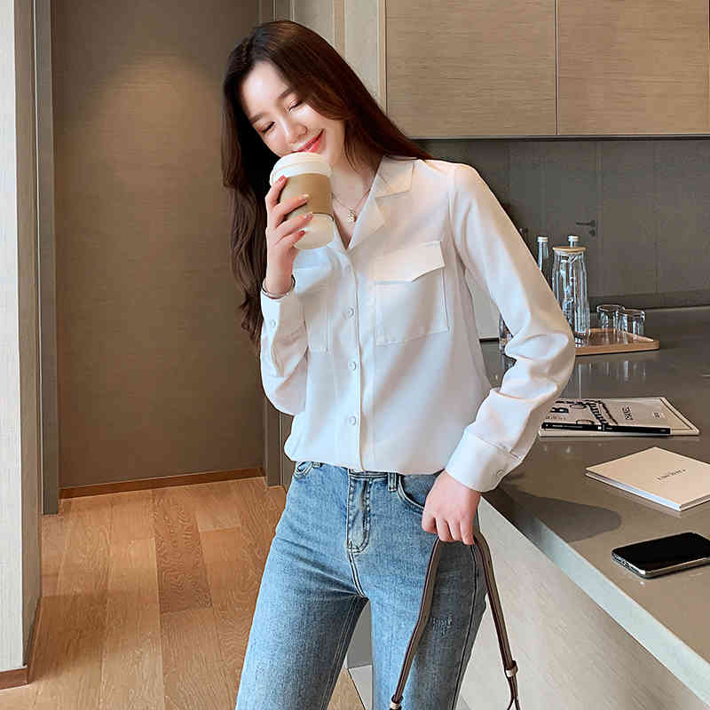 Autumn Korean Suit Collar Long Sleeve Chiffon Women's Blouse Solid White Shirt Button Cardigan Blusas Mujer 10696 210518