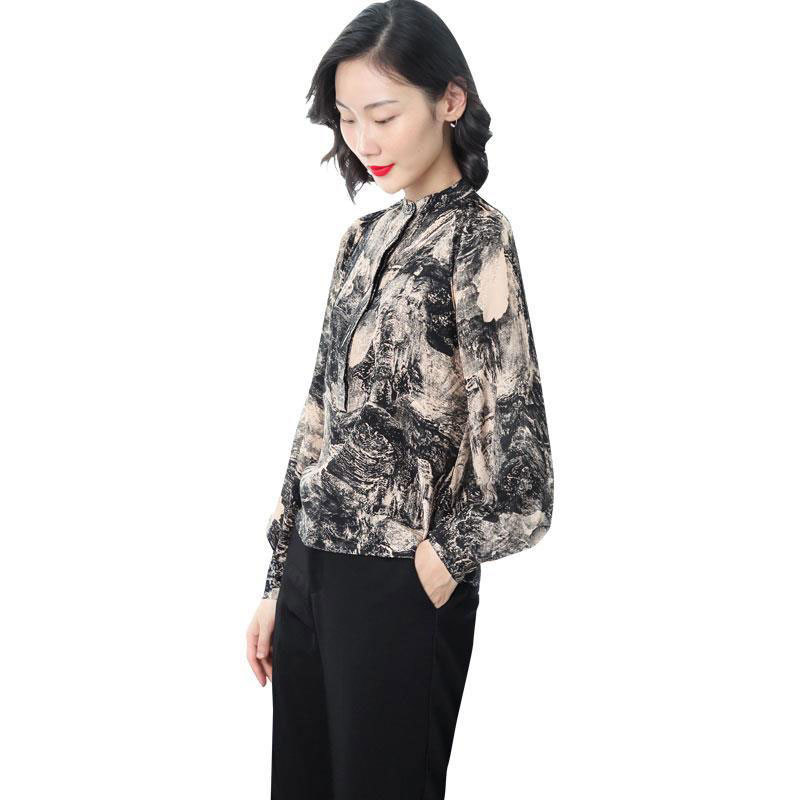 Spring Fashion Women Shirt Plus Size Loose Lantern Sleeve Chiffon Blouse Vintage ink painting Shirts Ladies Tops Clothes D80 210512