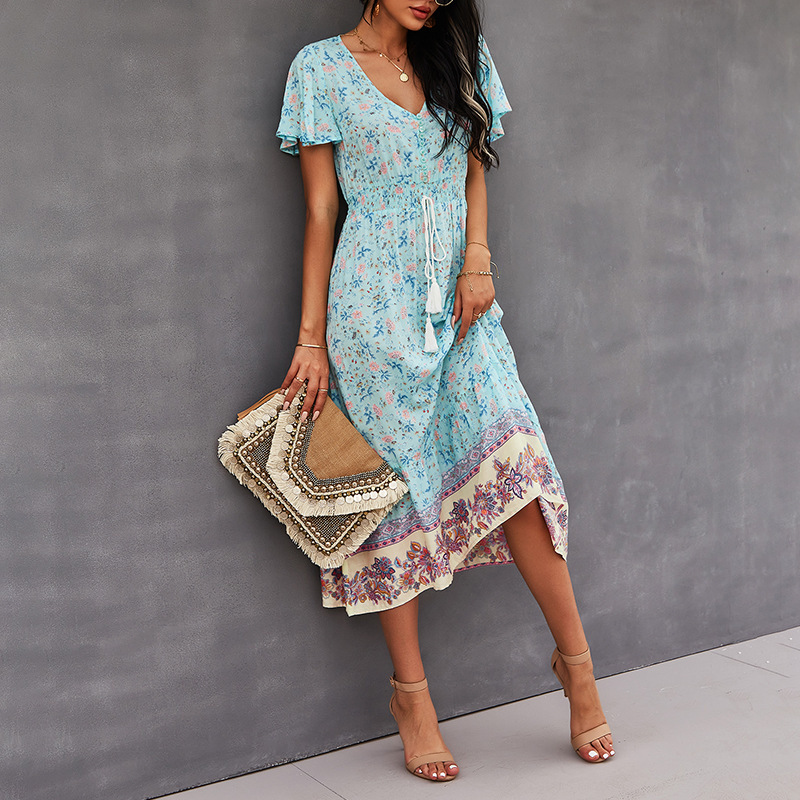 women long dress V-neck short sleeve floral printed vintage Slim female holidays party summer 210524, Flesh pink
women long dress V-neck short sleeve floral printed vintage Slim female holidays party summer 210524, Flesh pink