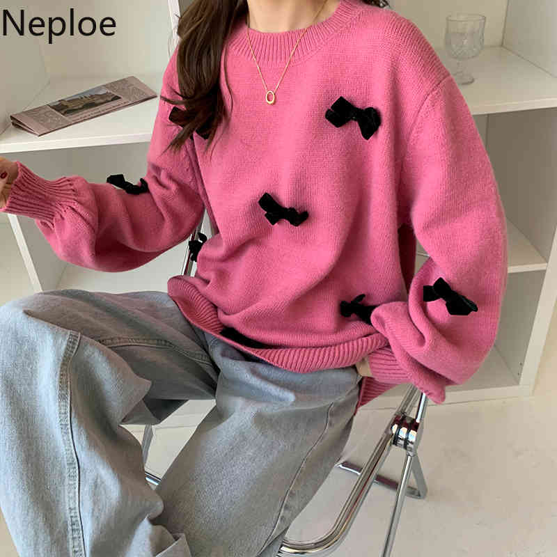 Neploe Sweet Bow Woman Sweaters Fall Women Clothes Korean Knitted Pullovers Tops O-neck Long Sleeve Loose Jumper Coat 4G671 210422