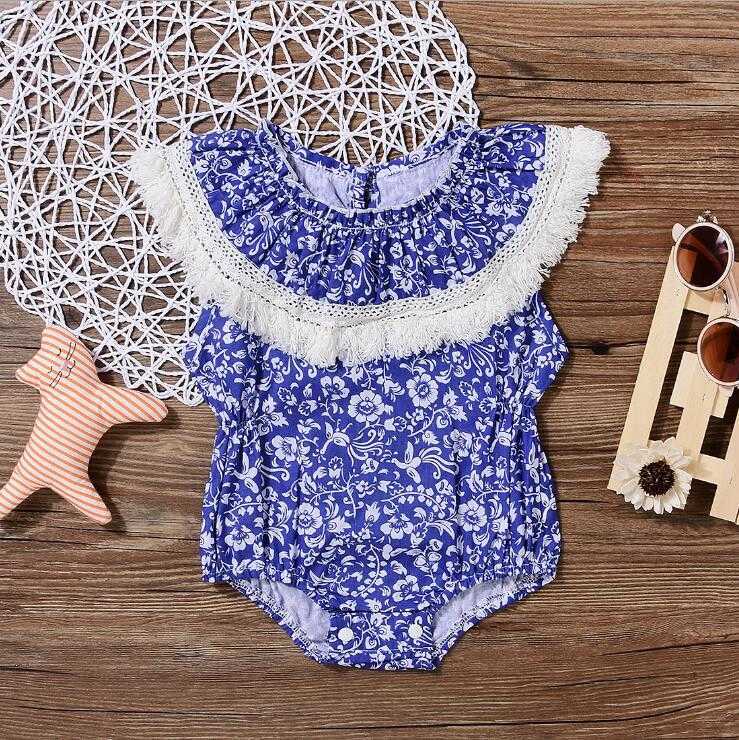 infantil baby girls vintage flowers pattern big ruffles collar romper children tassels ganze clothes girl jump shorts 210529