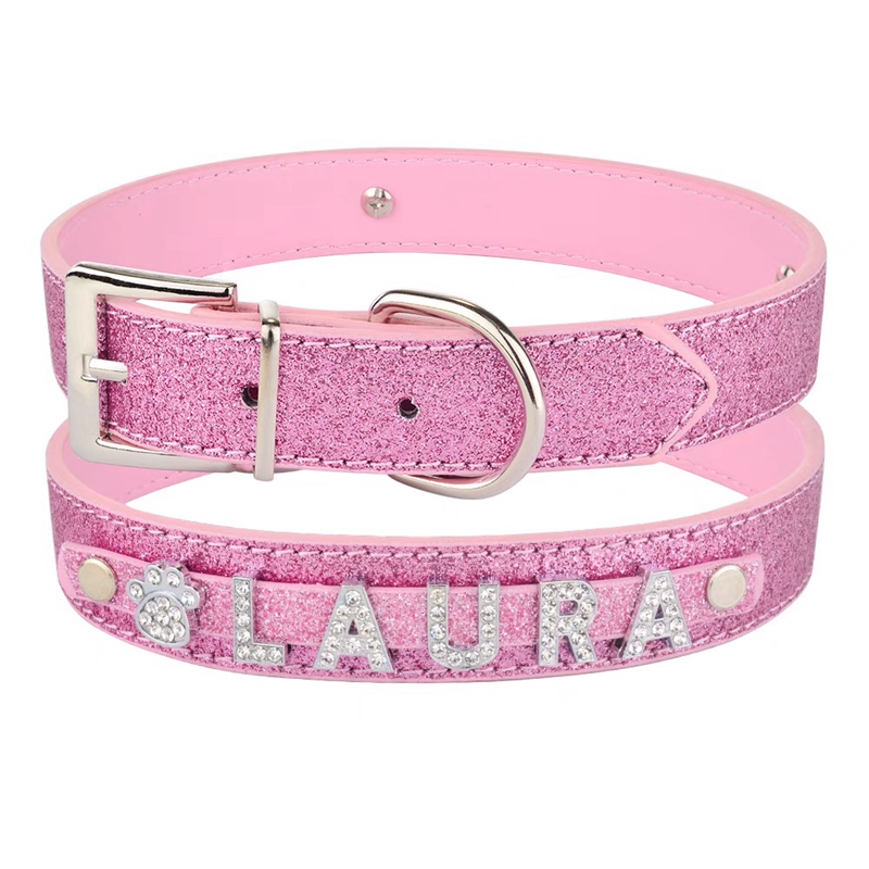 PU Leather Custom Dog Collars with Rhie Personalized Name Letters Diamante Jewelry Gems DIY Pet Tag Croco Collar Charms for Small Medium Dogs Large Ca