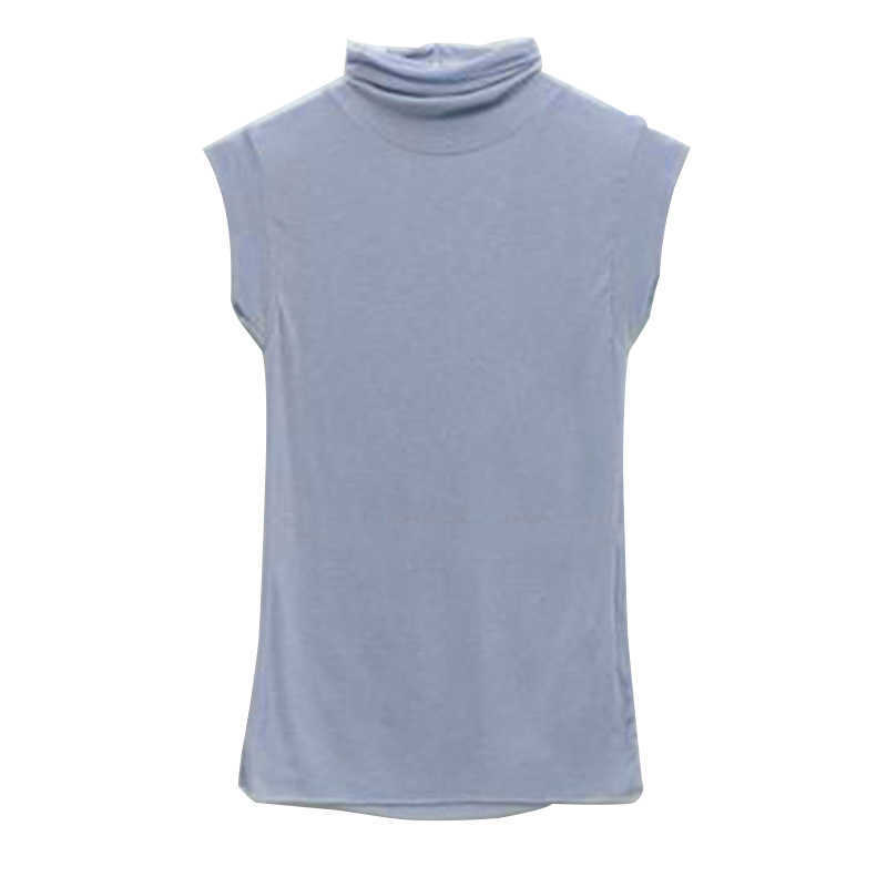 WOMENGAGA Mesh Lace Sexy Elasticity Korea Purchased T-shirt Transparent Turtleneck Base Sleeveless Tops GDS2 210603