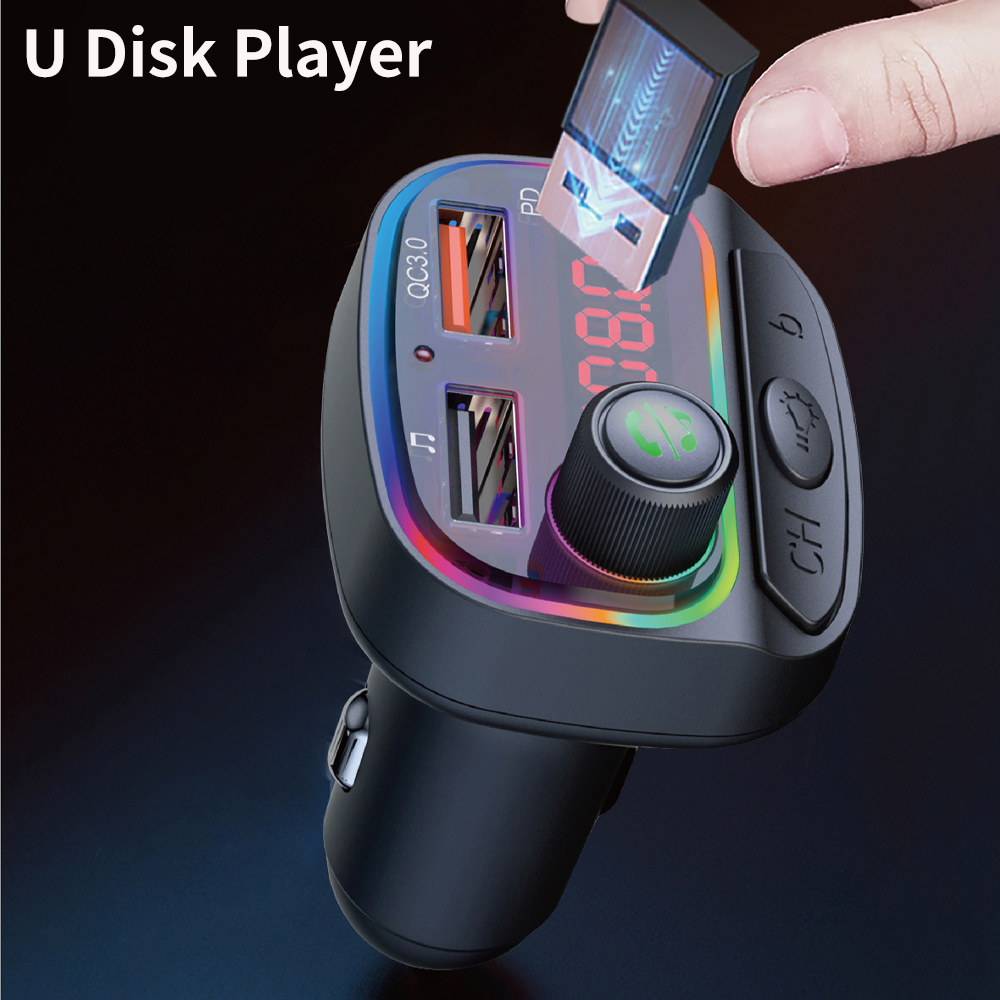 Bluetooth 5.0 FM Transmitter Car MP3 Player Wireless Handsfree Car Kit for Phone QC3.0+18W PD Quick Charger RGB Breathing Light U Disk Music