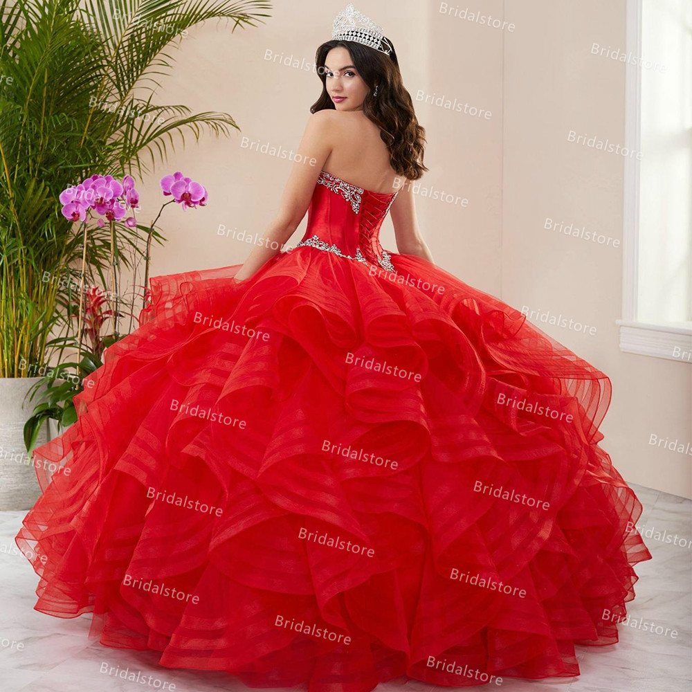 Classy Red Cascading Ruffles Quinceanera Dresses 2021 Elegant Sweetheart Ball Gown Sweet 15 Dress Masquerade Prom Party Gowns With Beaded Crystal vest