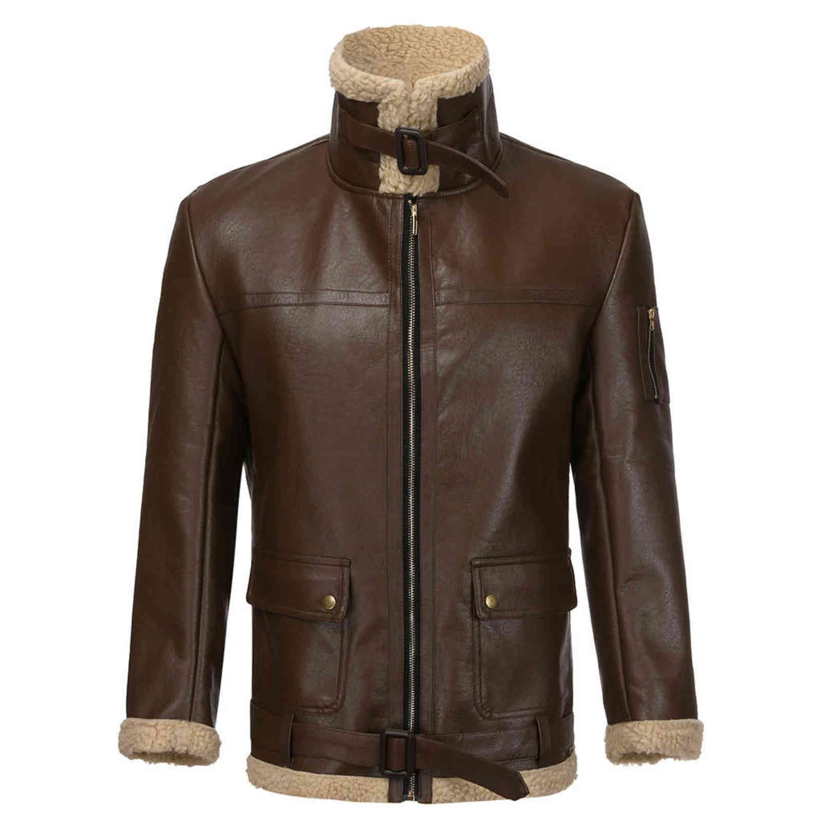 Winter Mens Lamb Wool Lined Leather Jacket Parka Outwear Coat Men Retro Fur Locomotive Jacket Zipper PU Leather Coat Warm 211111