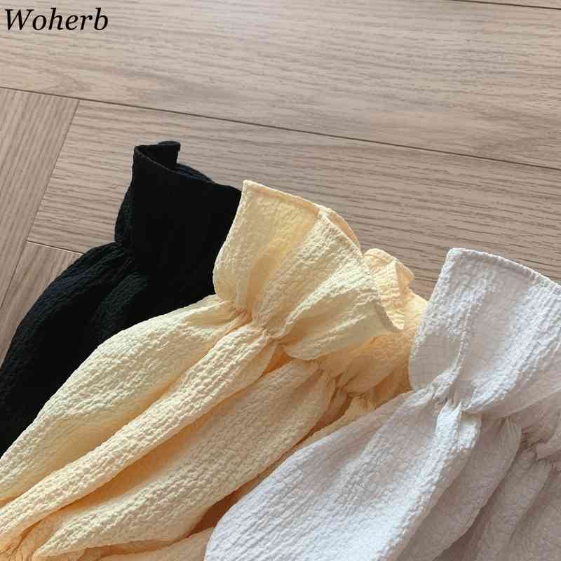 Korean Tops Mujer Chic Square Collar Puff Short Sleeve Pleated Blouse Chiffon Shirts Summer Clothes Fashion White Blusas 210519