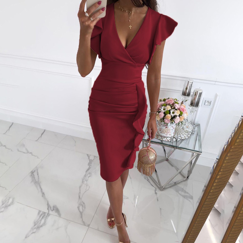 Sexy V-Neck Slim Office Lady Dress Ruffle Short Sleeve Bodycon Knee-length es For Women Casual Summer Woman Work 220210