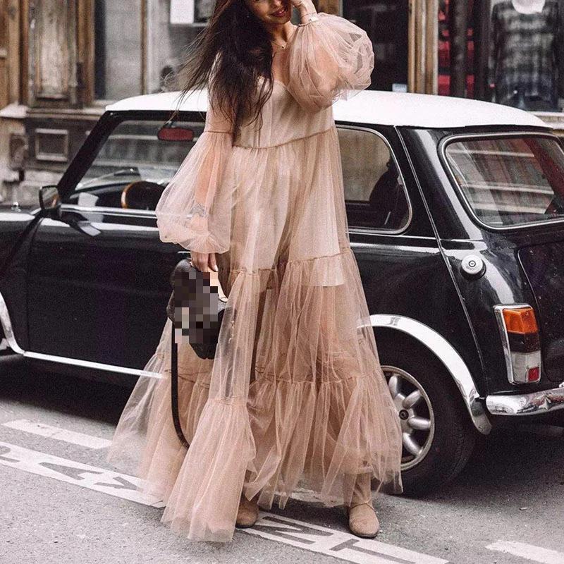 Women Dress Perspective Mesh Maxi es V Neck Puff Sleeve Loose Casual Large Hem Plus Size Ladies es 210513