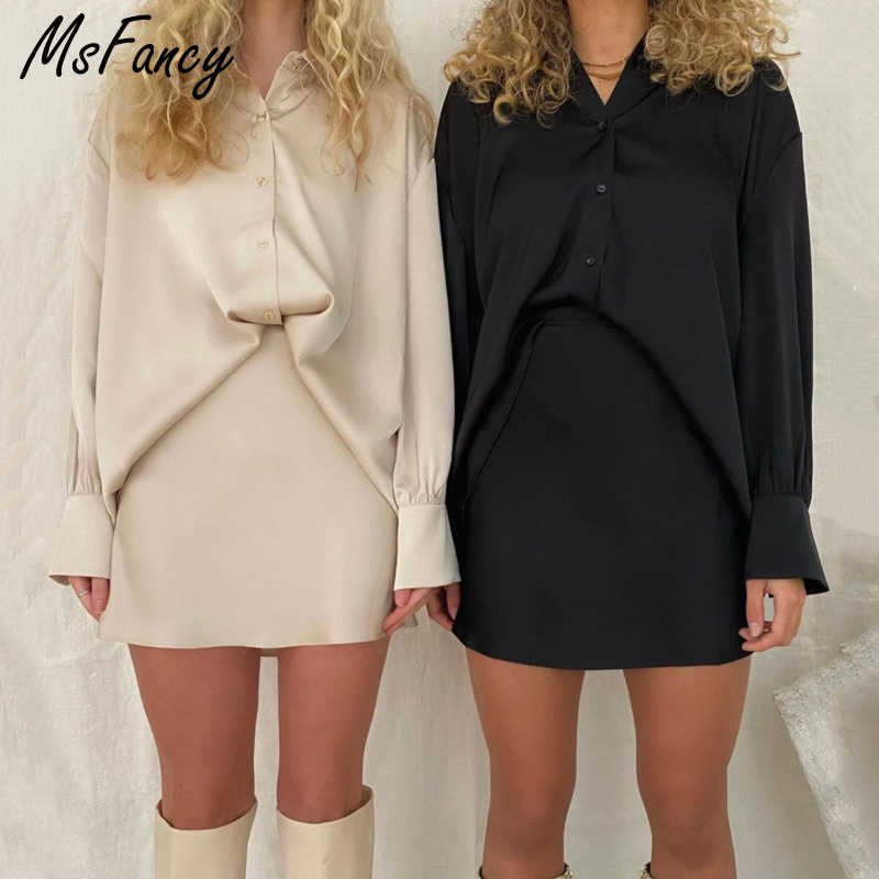 Msfancy Summer 2 Pieces Skirt Set Women Satin Long Sleeve Loose Shirt A-line Mini Skirt Elegant Conjuntos De Vestido 210825