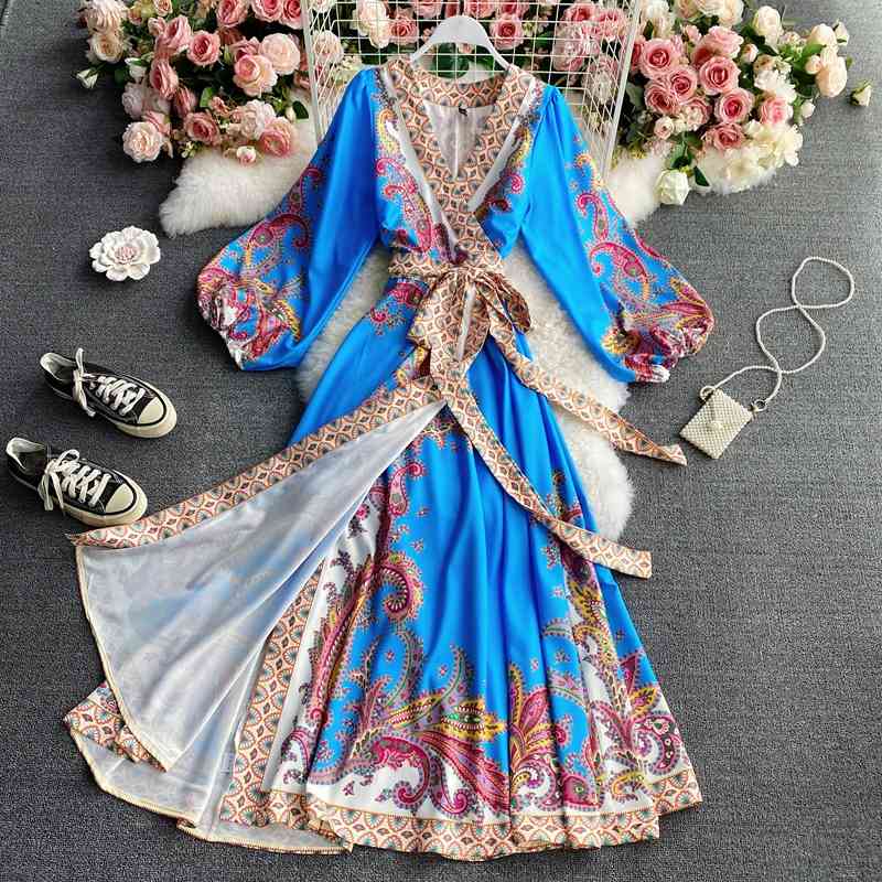 Nomikuma Vintage Printing Women Dress Korean Bow Bandage Slim Waist Dresses Lantern Sleeve V-neck Elegant Vestidos 6E691 210427