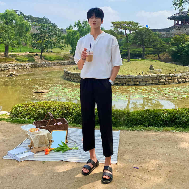 IEFB V-neck Short Sleeve T-shirt Men's Ice Silk Cotton Tee Korean Trend Fashion Summer Loose Tops For Male Casual Y7193 210524