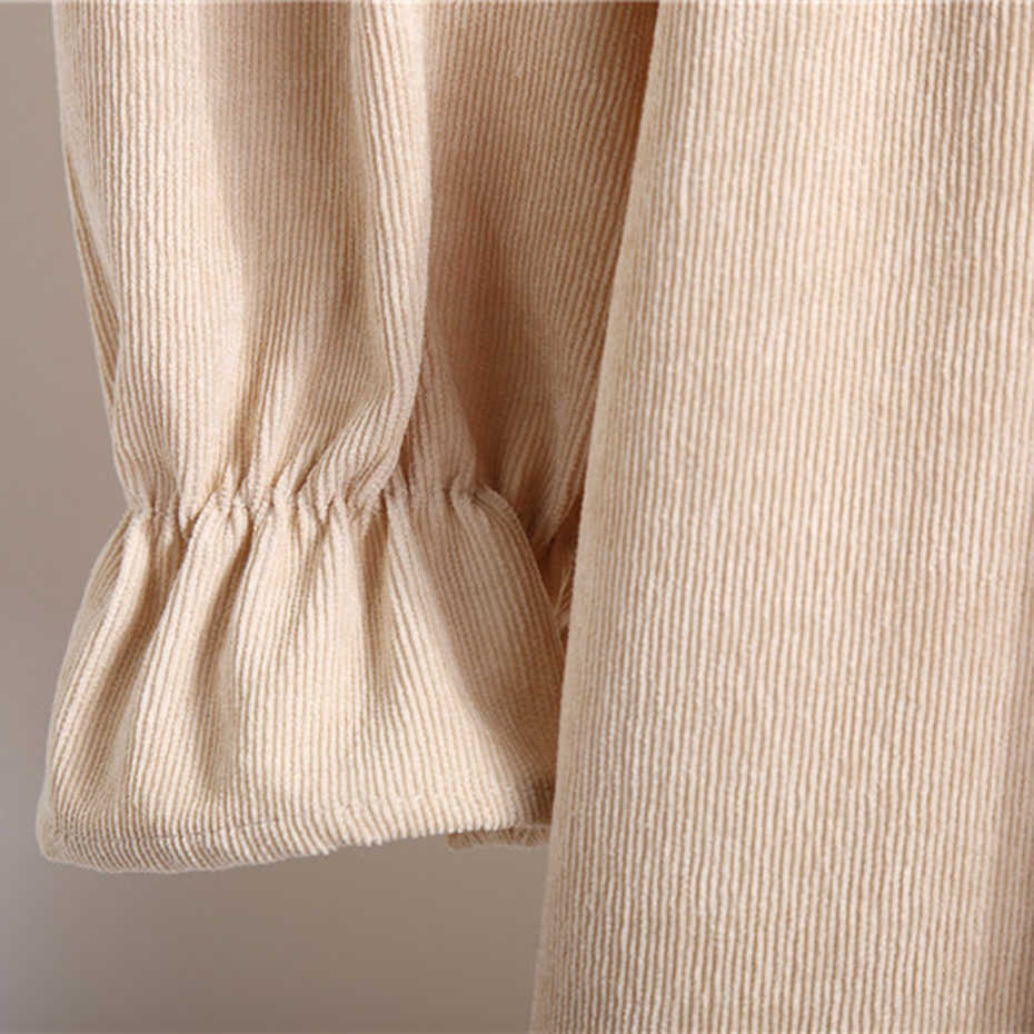 S-XL Bowtie Corduroy Dress Women Autumn Winter Lapel Single-breasted Elastic Waist Slim Vestidos Plus Size A-Line 210601