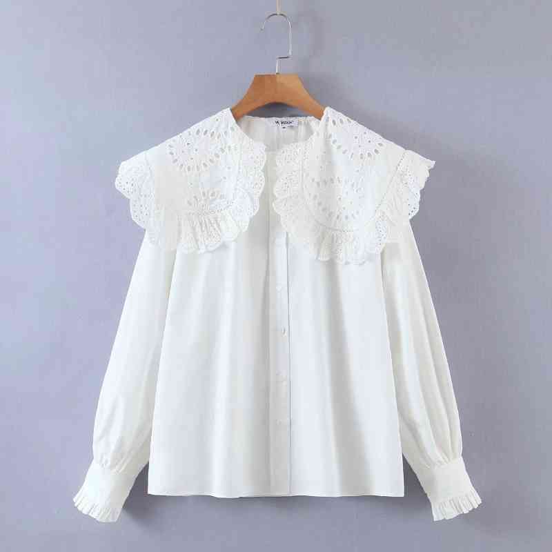 Women Hollow Embroidery Turndown Collar White Shirts Female Long Sleeve Blouses Casual Lady Loose Tops Blusas S8277 210430