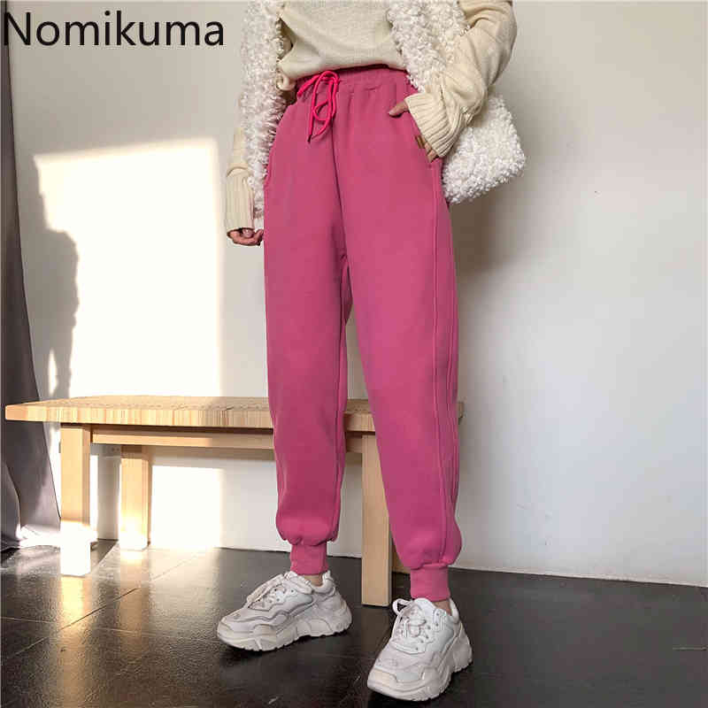 Nomikuma Womens Pants Lace Up Stretch High Waist Long Trousers Autumn Winter New Thicken Harem Sweat Pants Feminimos 6C258 210427