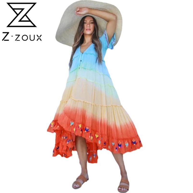 Women Dress V Neck Short Sleeve Bohemia Sexy Large Hem Maxi es Single Breasted Loose Long Beach es 210513