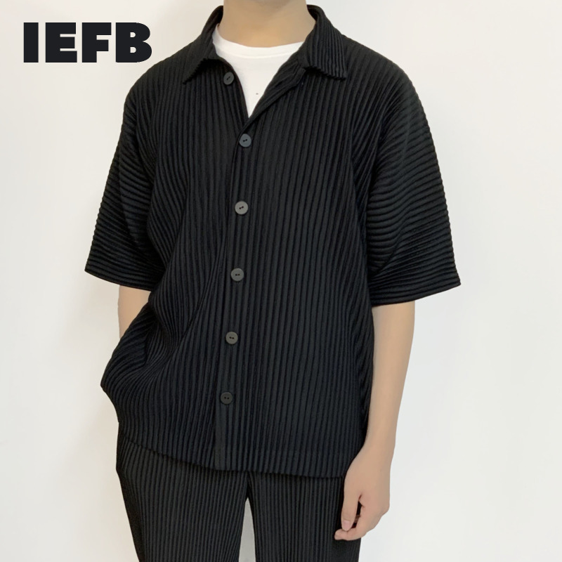 IEFB Pleated Men's Summer Casual Solid Color Single Breasted Short Sleeve Shirts Off Shoulder Loose Oversized Tops 9Y6744 210524