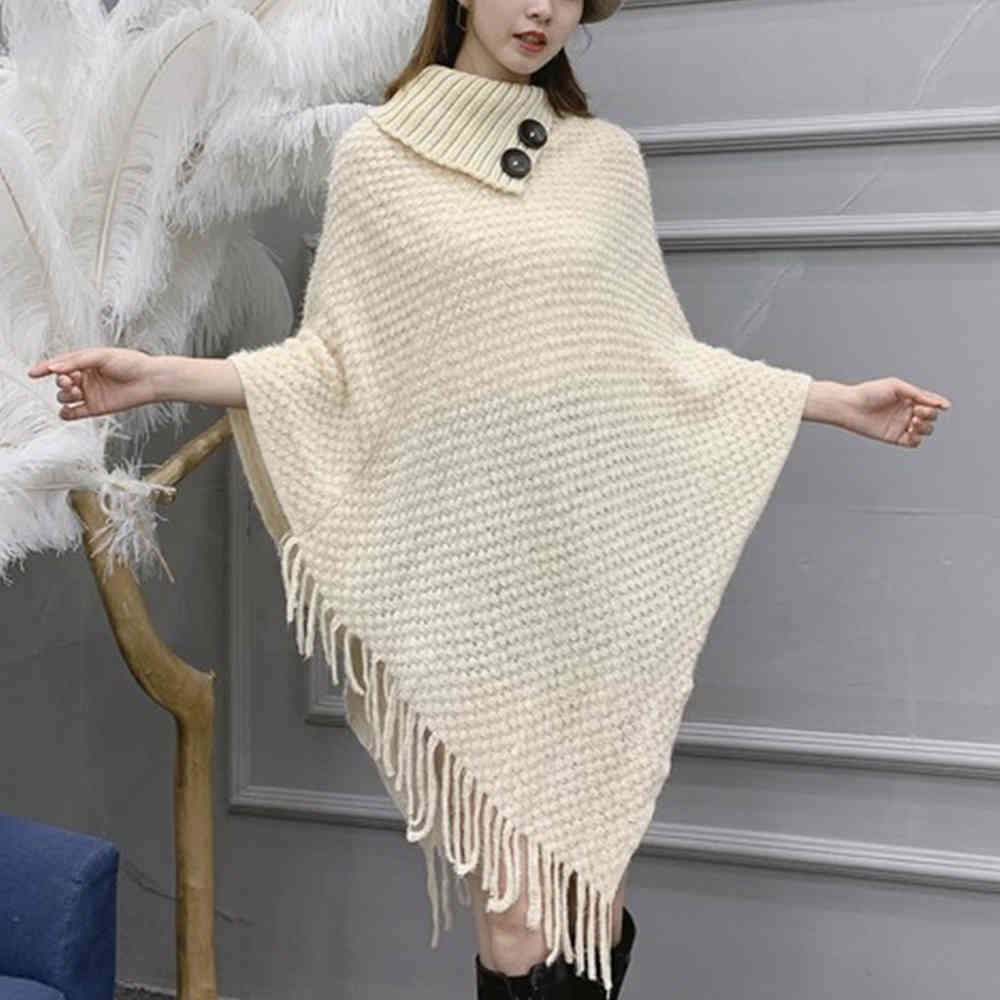Women Winter Korean Furry Soft Loose Turtleneck Sweater Tassel Cloak Casual Long Knit Poncho Harajuku 210428