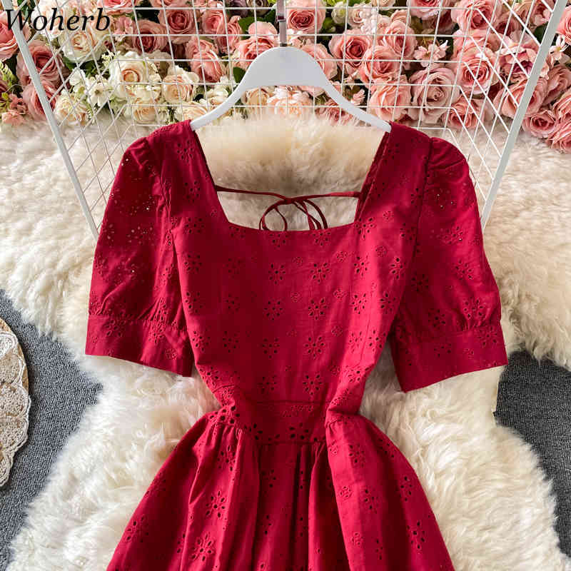 Summer Vestidos Mujer Chic Hollow Out Crochet Floral Vintage Dress Square Collar Puff Sleeve Split Maxi Dresses Women 210519