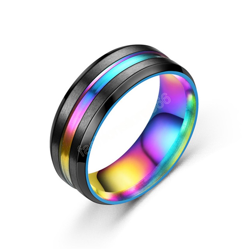 8mm Black Ring for Men Women Groove Rainbow Titanium Steel Wedding Bands Trendy Fraternal Rings Casual Male Jewelry