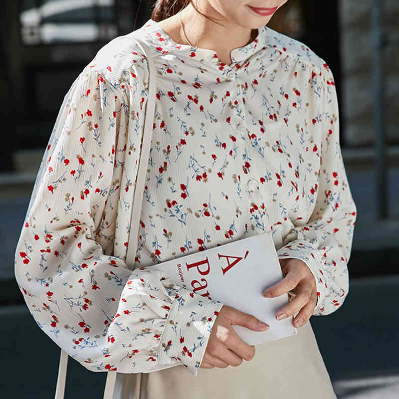 Cardigan Ladies Tops Autumn Floral Puff Sleeve Chiffon Shirts Women Office Loose Long Blouse blusas 10203 210506