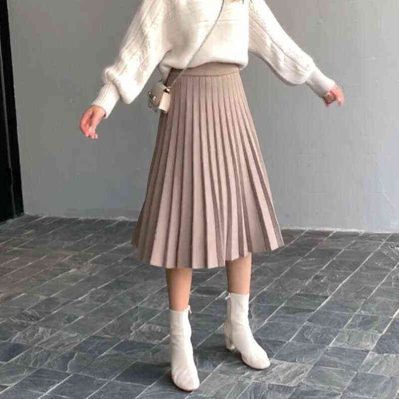 Lucyever Autumn Winter Thick Knitted Skirt Women Fashion High Waist Pleated Midi Skirts Female Elegant Chic A Line Skirt 211119