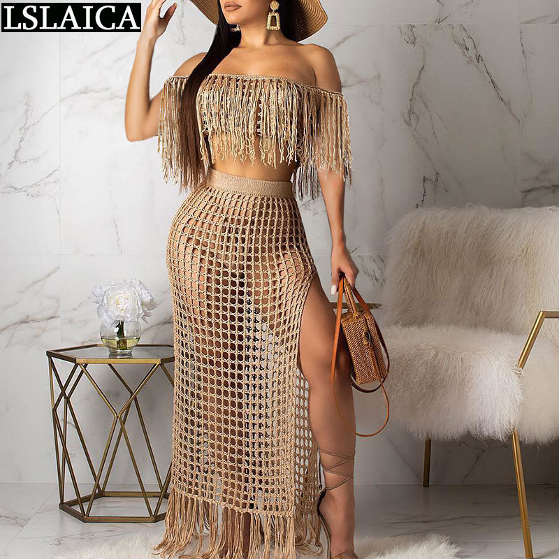 Sexy Outfits for Woman Beach Night Club Fashion 2 Piece Set Women Exposed Navel Hollow Out Tassel Thigh Slit Skirt 210515