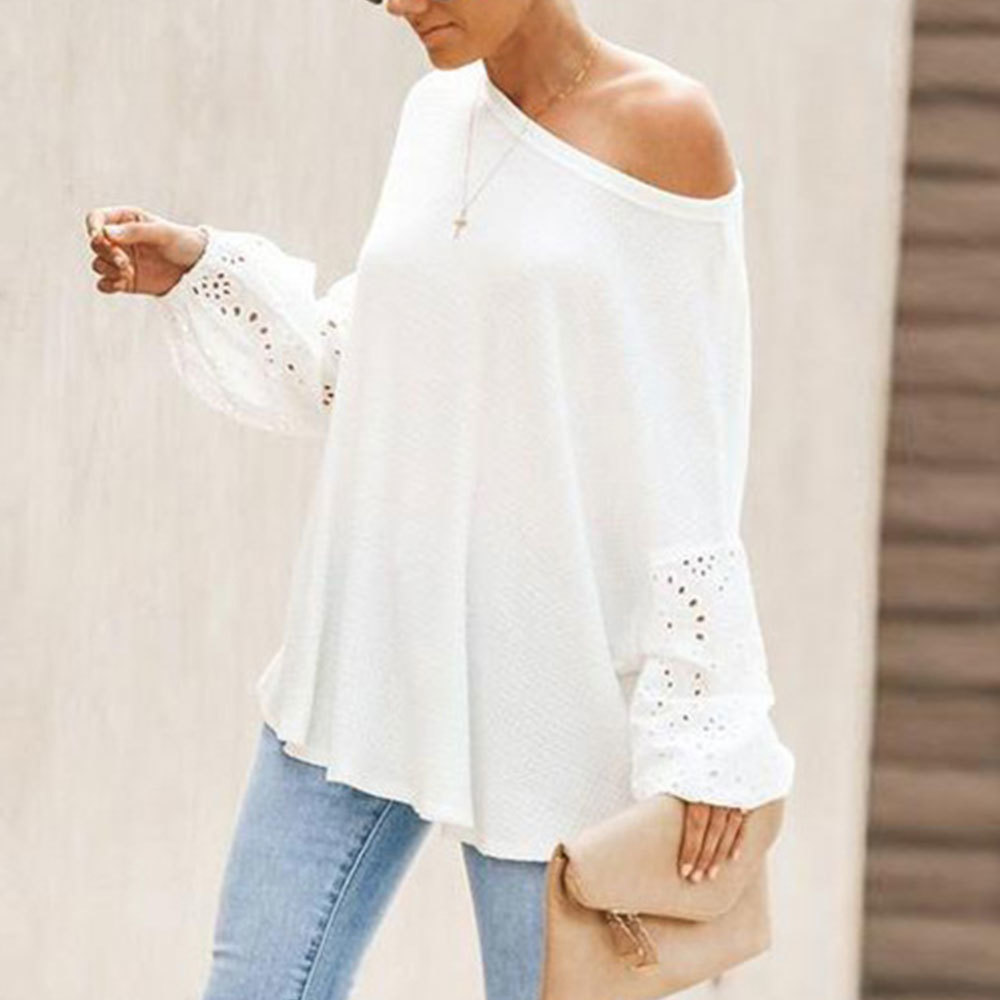 Elegant Embroidery Floral Hollow Out Blouse Women Loose Shirt Casual White Lantern Sleeve Spring Tops Plus Size 3XL 210428