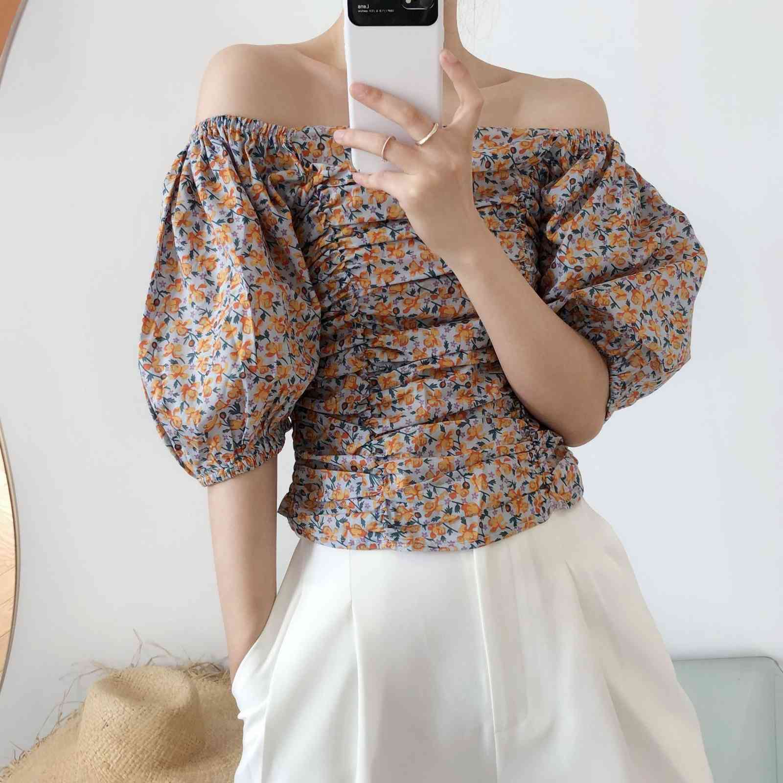 Sexy Off Shoulder Crop Blouse Women Puff Sleeve Pleeated Floral Print Blusas Korean Chic Elegant Tops Shirts 210519