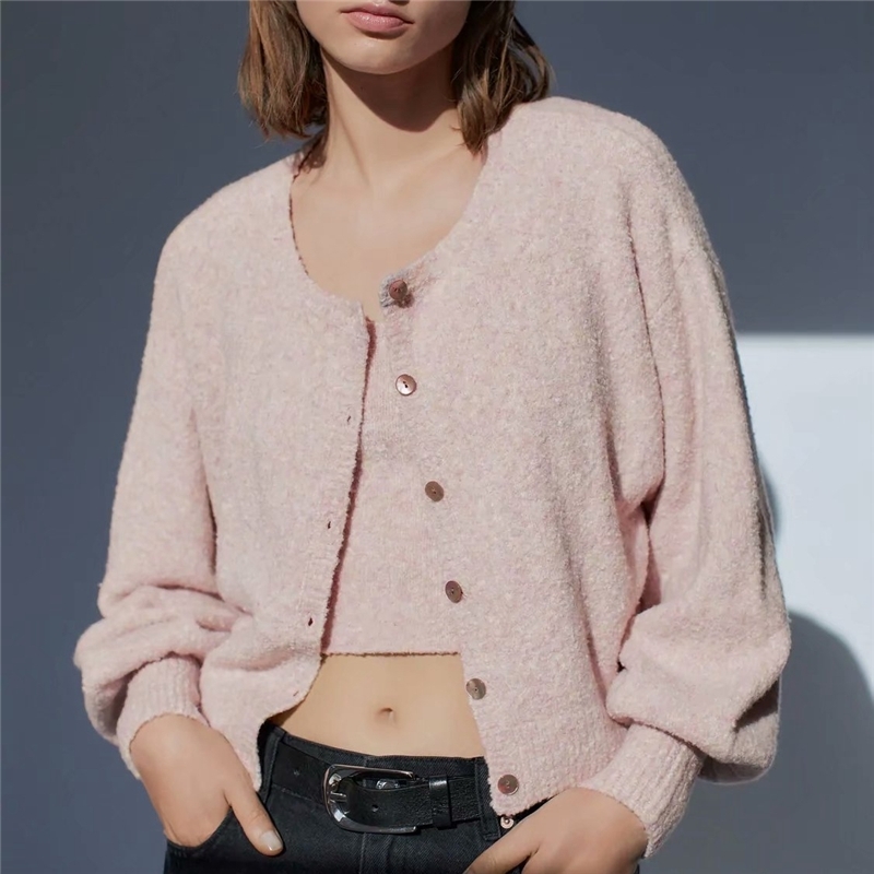 Elegant Women Pink Sweaters Fashion Ladies O-Neck Button Knitted Coats Streetwear Female Chic Lantern Sleeve Cardigan 210430