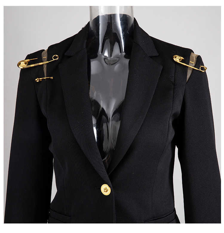 [EAM] Loose Fit Black Hollow Out Pin Spliced Jacket Lapel Long Sleeve Women Coat Fashion Spring Autumn JZ500 210914