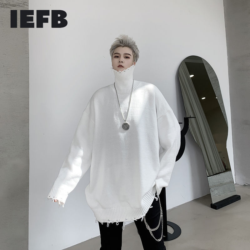 IEFB / men's wear autumn and winter solid color turtleneck hole male's loose pullover sweater bgi size kinted tops 9Y4059 210524