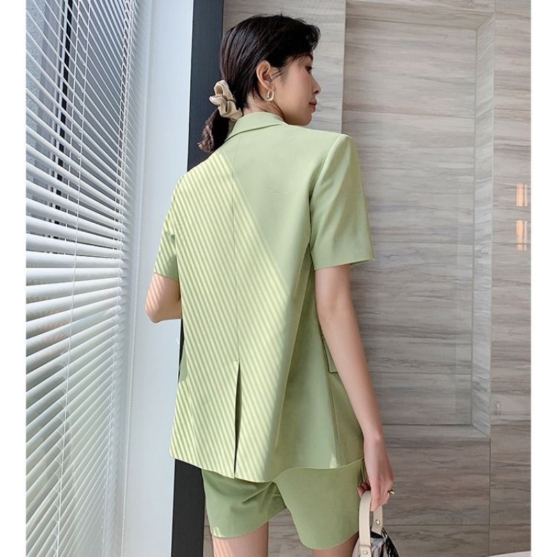 Wonder Shorts Suits Elegant Scarf Short Sleeve Notched Blazer Jacket+Pocket Mini Two Pieces OL Sets 210510