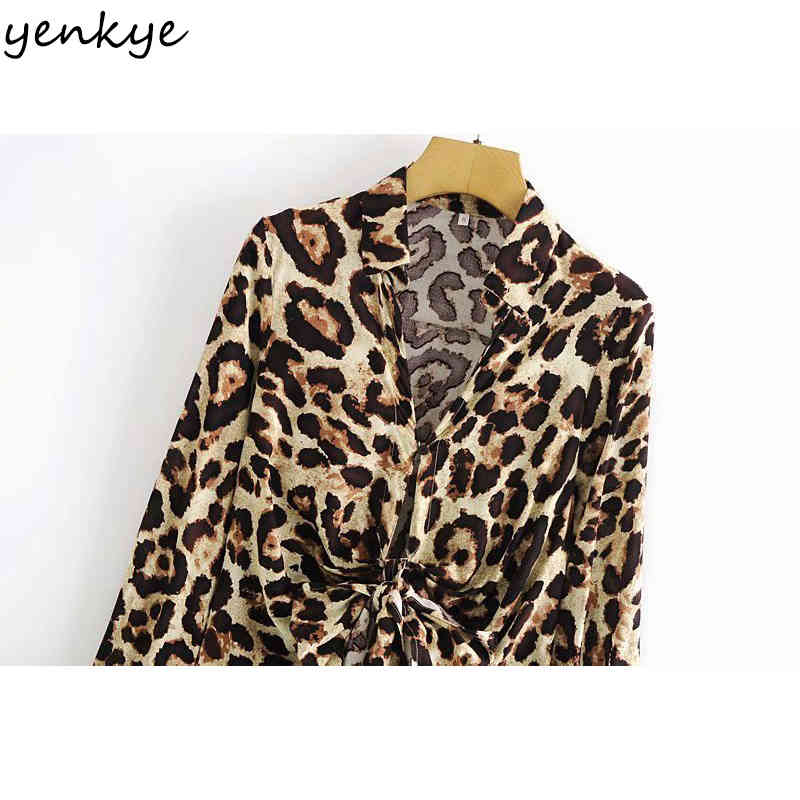 YENKYE Fashion Women Front knot Sexy Leopard Dress Female Lapel Collar Long Sleeve Casual Dress Spring Plus Size Mini Robe 210515