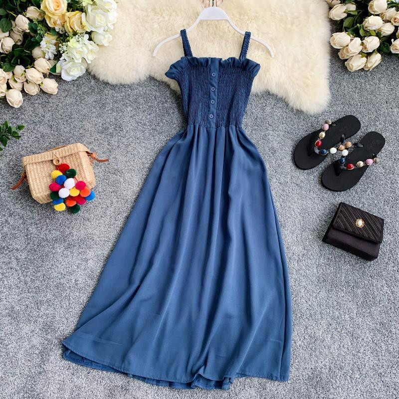 Chic Korean Solid Women Dress Sleeveless Summer A-line Chiffon Long Dresses Beach Style Button Vestidos 210521