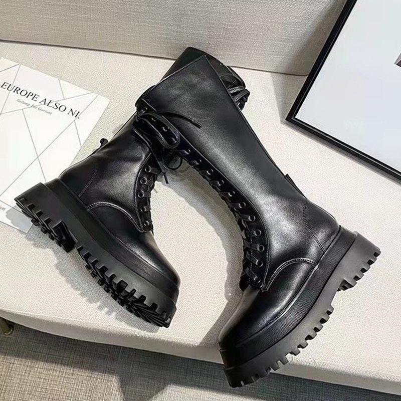 Boots 2021 Knee High Motorcycle Women Autumn Modern Female Black Platform Round Toe Shoes Ladies Cross Tied