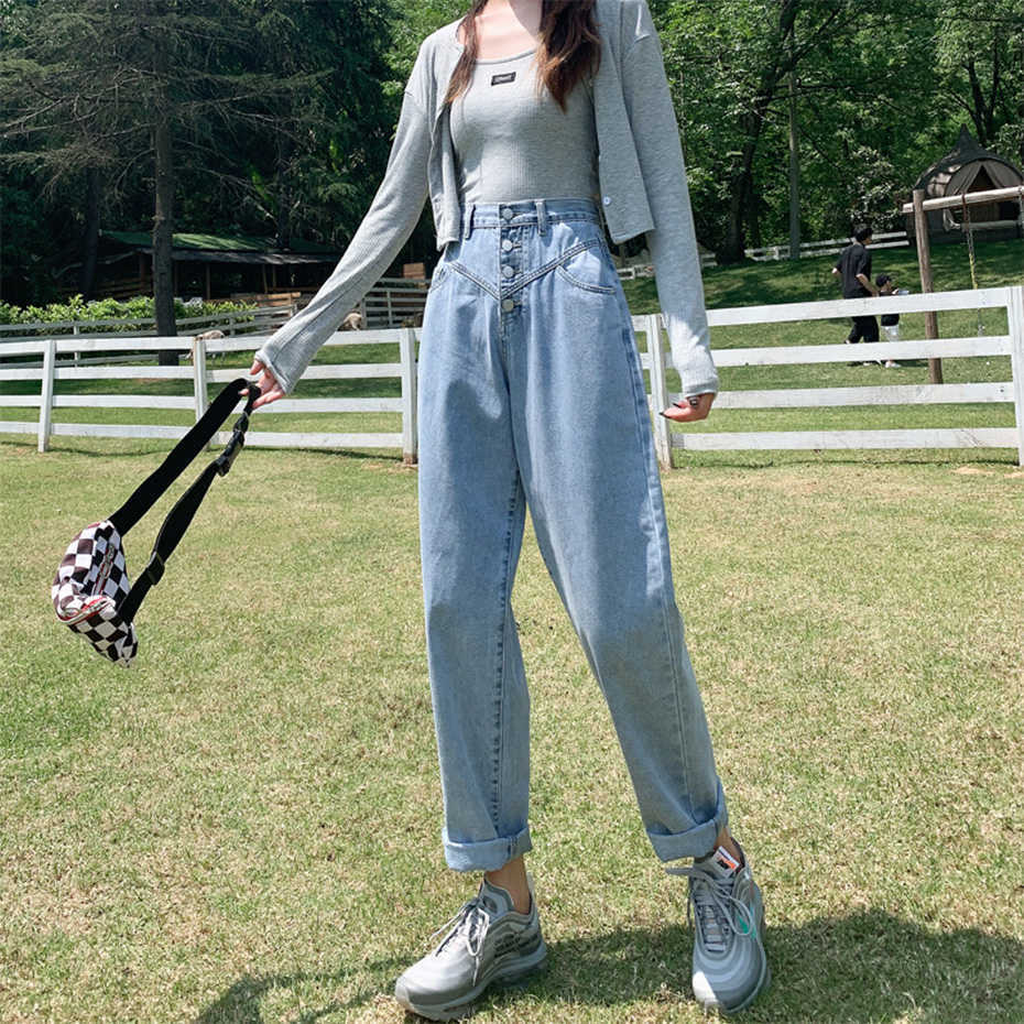 Single-breasted Button Jeans Women Summer Fashion High Waist Pencil Pants Girls Harajuku Loose Causal Street Wear Denim 210601