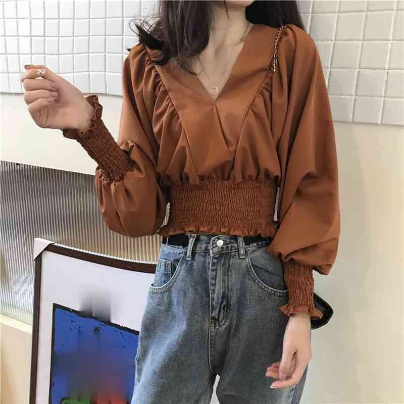Ezgaga Crop Tops Women V-Neck Korean Solid Long Sleeve Ruched Stretch Slim Spring Female Fashion Sexy Shirts Elegant Blouse 210430