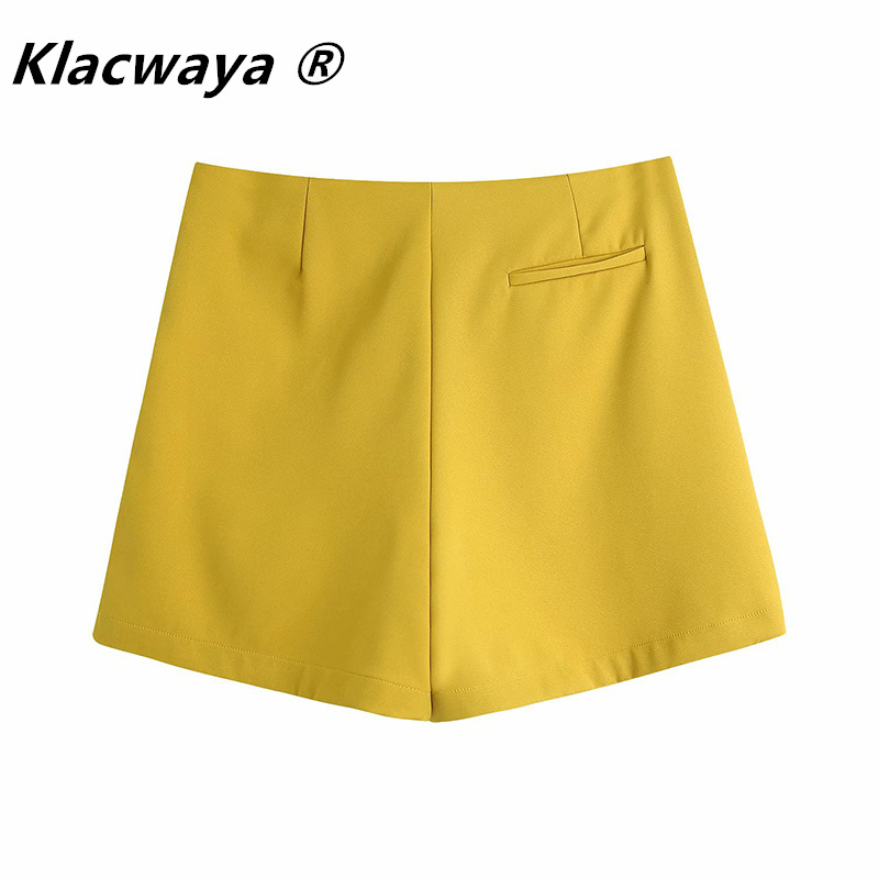 women's spring Fashion Buttoned Casual Yellow Short Culottes Temperament High Waist Straight Shorts 210521