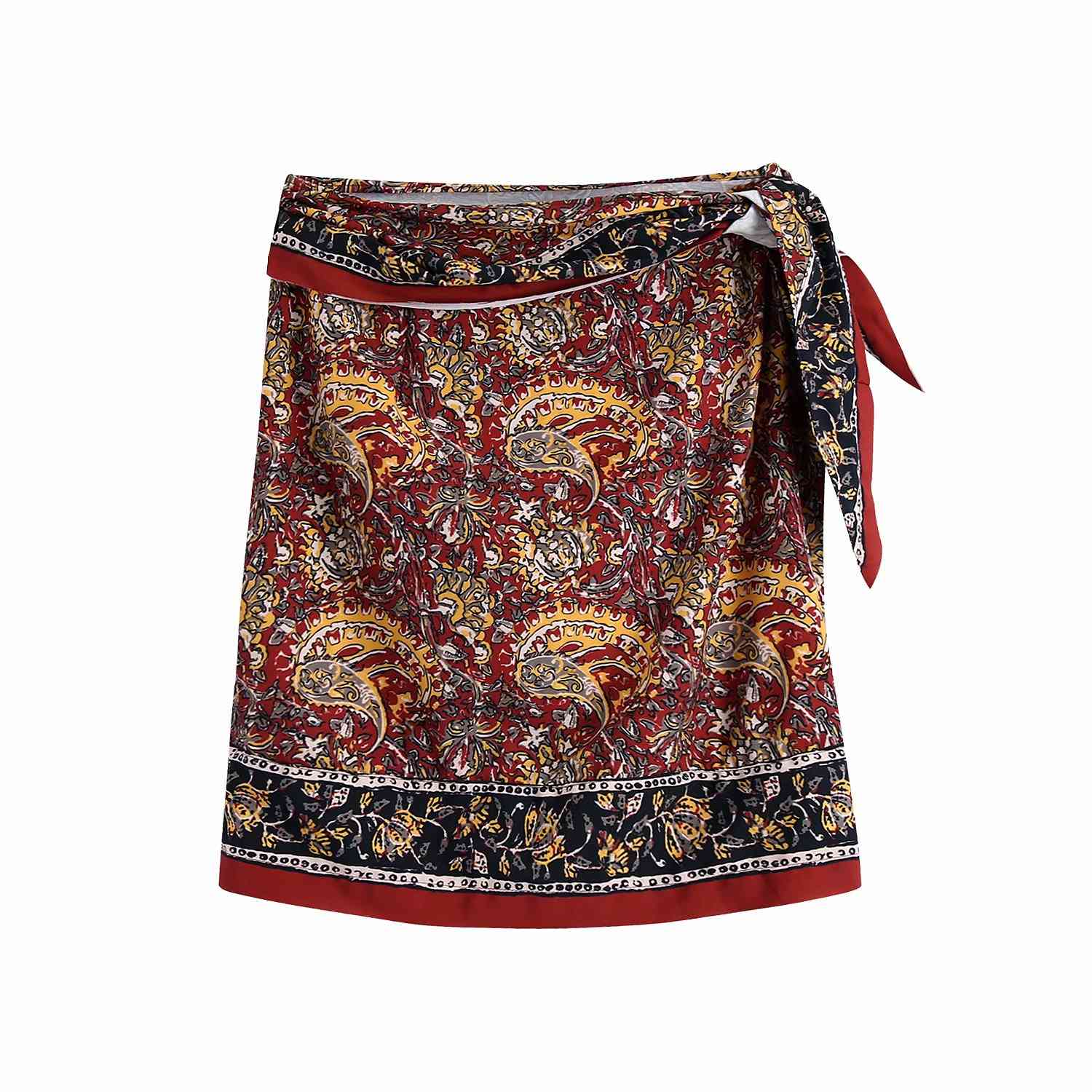 Summer Ethnic Style Bowknot Decorated Retro Print High-waist Women's Skirt Sexy Mini Chic Female Skirt 210507