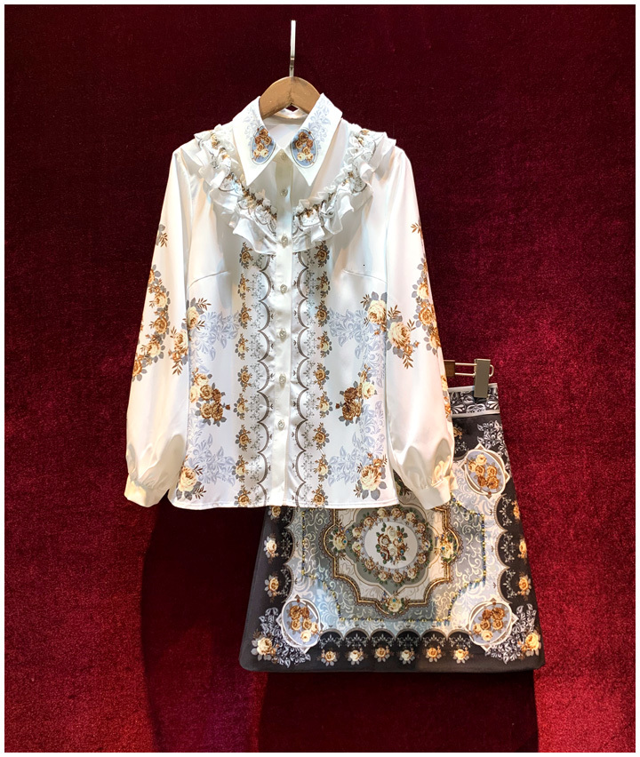 Two Piece Dress European and American women's clothing spring Long sleeved floral print shirt Nail bead skirts Fashion suits IQ9K, White
Two Piece Dress European and American women's clothing spring Long sleeved floral print shirt Nail bead skirts Fashion suits IQ9K, White