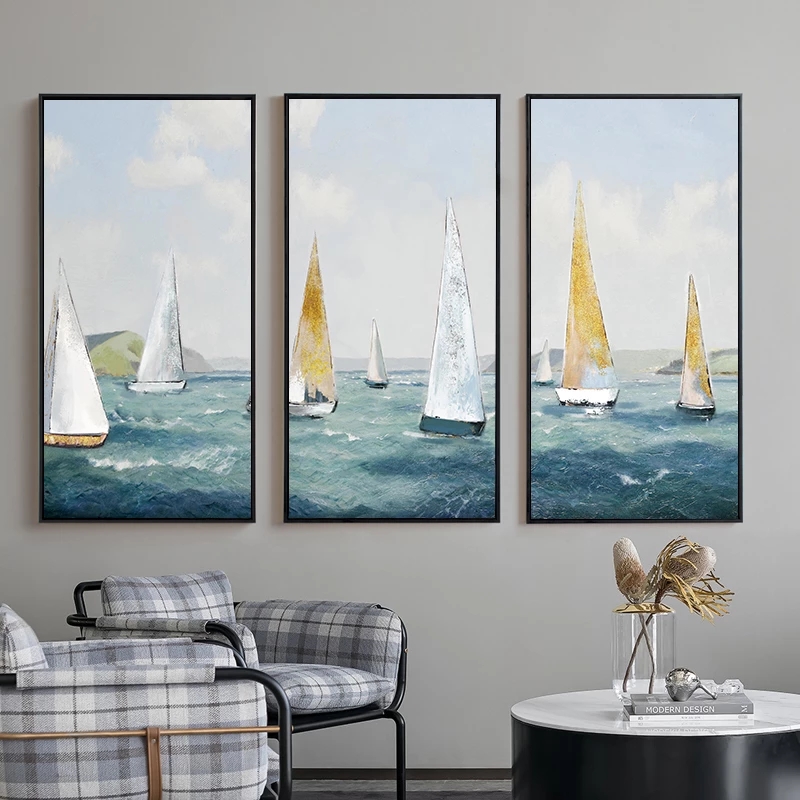Sailing Boat Oil Paintings Print On Canvas Golden Ship Posters Ocean Sea Wall Art Abstract Wave Pictures for Living Room Decor