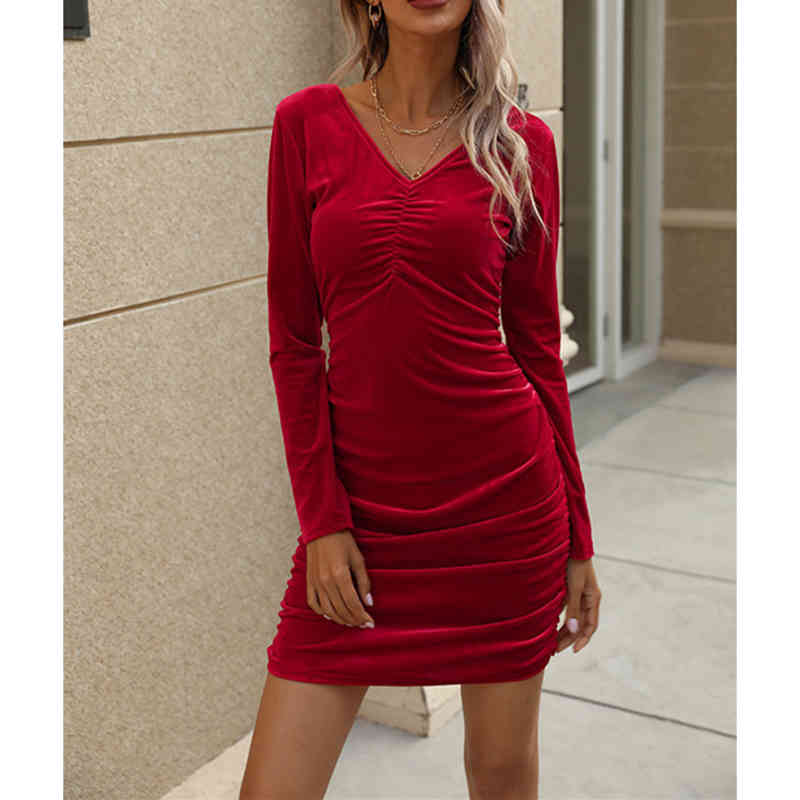 Fashion Pleated V-neck Collar Buttocks Blouse Dress Women Sexy Long Sleeve Mini Dresses Solid Streetwear Female Shirt Vestidos 210515