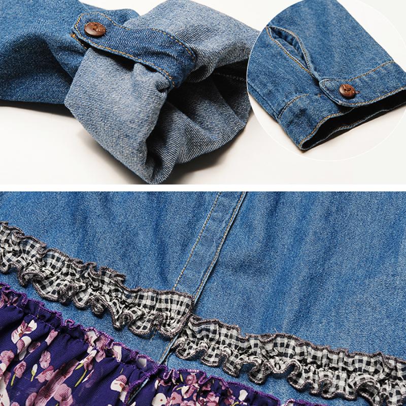 Casual Dresses High Quality 2021 Bohemian Long Maxi Denim Chiffon Patchwork Spring Boshow Three Quarter Sleeve Jeans Dress With Flower Belt