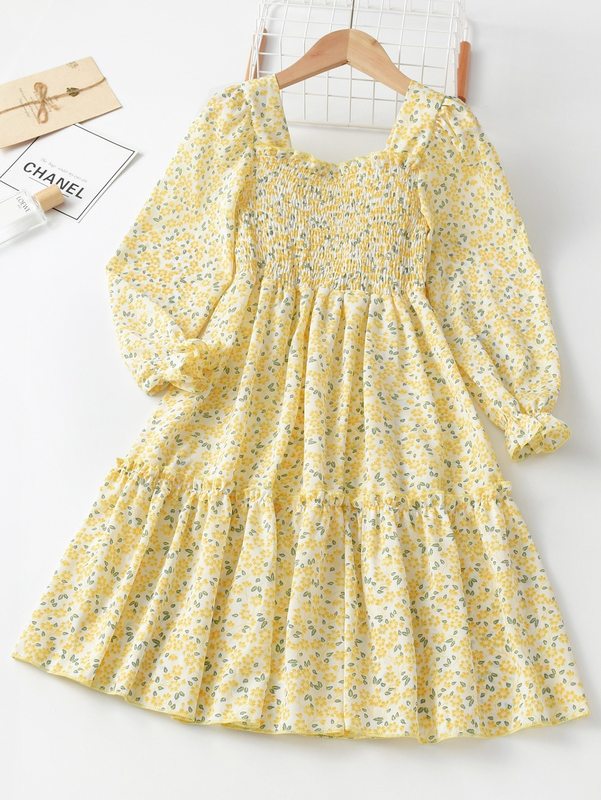 Girls Allover Floral Print Shirred Flounce Sleeve Ruffle Hem Dress SHE