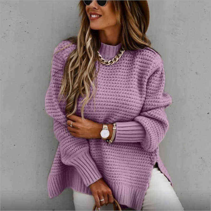 Autumn Winter Women Knitted Sweater Mock Neck Casual Loose Basic Pullovers Warm Elegant Solid Batwing Sleeve Side Split Tops 211123wtt