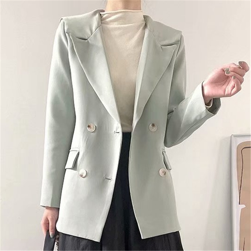 Causal Women Notched Collar Blazers Fashion Ladies Solid Slim Jackets Elegant Female Chic Double Breasted Coats 210430