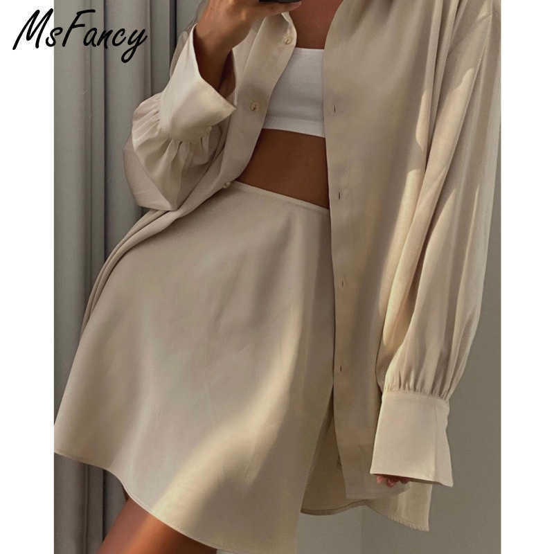 Msfancy Summer 2 Pieces Skirt Set Women Satin Long Sleeve Loose Shirt A-line Mini Skirt Elegant Conjuntos De Vestido 210825