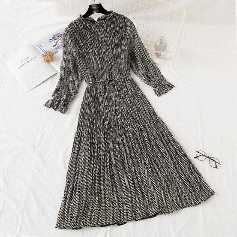 Women Long Dress Spring Summer Vintage Floral Print Pleated Chiffon Dress Long Sleeve Loose Plus Size Dresses Vestidos 210521